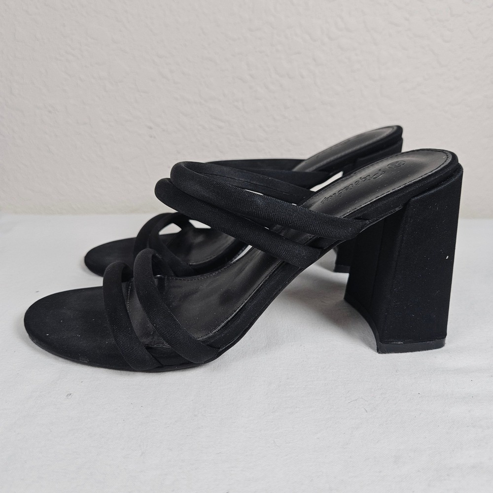 Piepiebuy Womens Black Multi Strap Block Heel Square Toe Slide Sandals Size 8.5